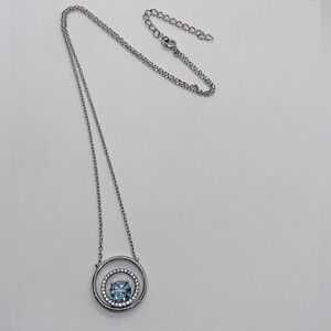 Sterling Blue Topaz & CZ Affixed Circle Pendant Necklace 17” + 2” Extender Chain